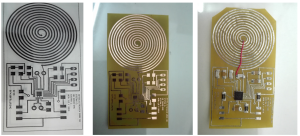 Masca cu circuitul electronic printata pe folie (stanga), Circuitul electronic dupa developare (centru), Circuitul electronic cu componentele aferente (dreapta)