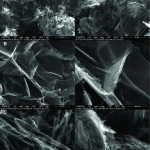 Imaginile SEM ale grafenei reduse cu ajutorul laserului (pirolizate) formate la un nivel ridicat de putere și fluenta a laserului, indicand: A) canale deschise organizate in spume macroporoase neomogene, B) plachete concave cu grosimea peretelui de aproximativ 30 nm; și C), nanotuburi de carbon de diferite diametre (12 nm până la 42 nm) care formează rețelele extinse.